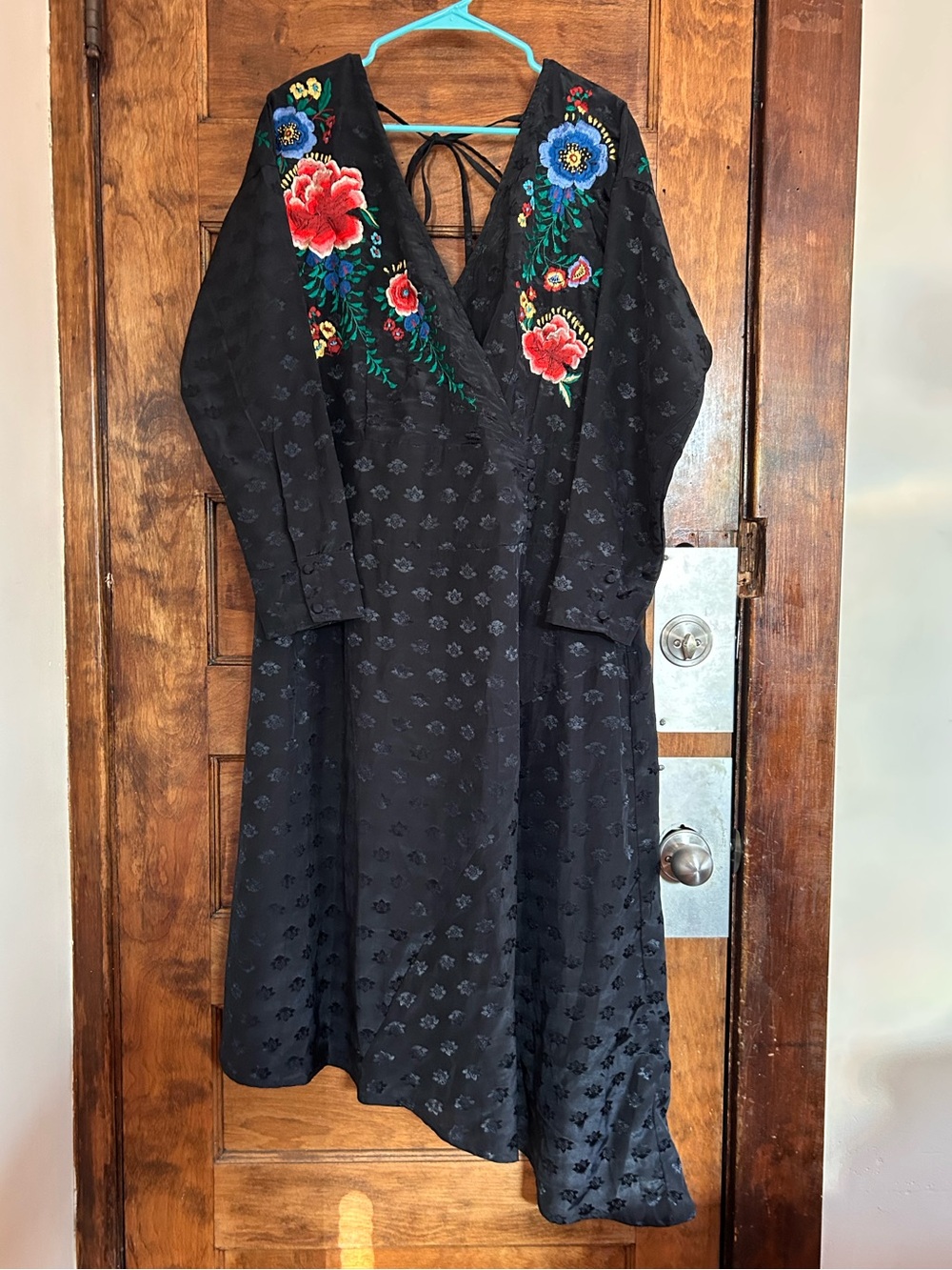 ASOS Black Long Sleeve V-Neck Midi Dress with Red and Blue Floral Embroidery